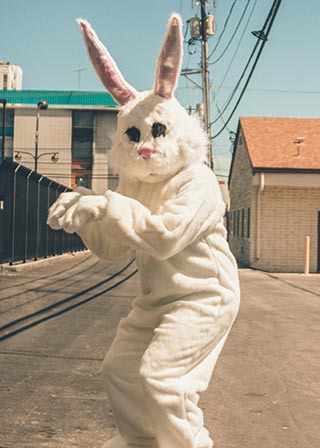 A man in a white rabbit costume is standing in the middle of the street.